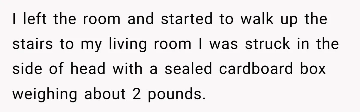 I left the room and started to walk up the stairs to my living room I was struck in the side of head with a sealed cardboard box weighing about...