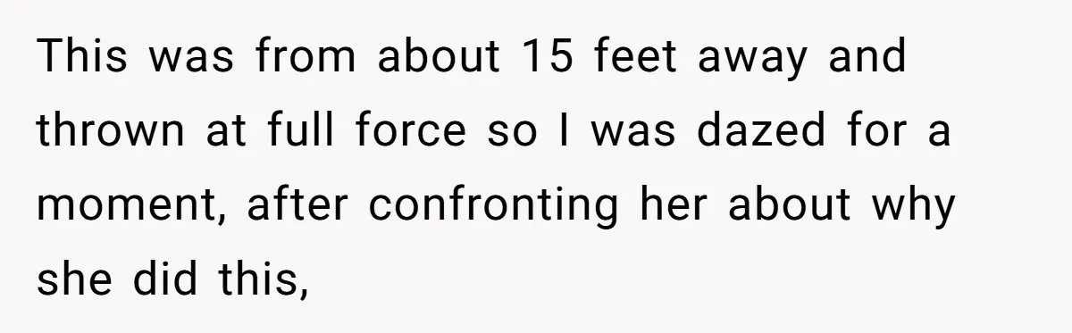 This was from about 15 feet away and thrown at full force so I was dazed for a moment, after confronting her about why she did this,