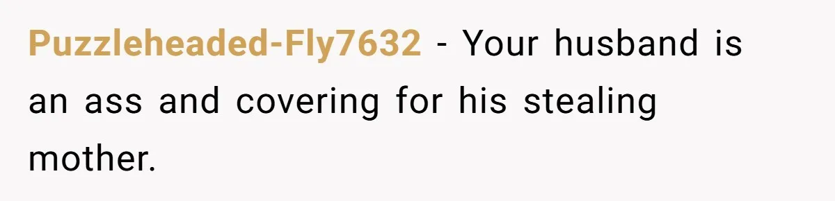 Puzzleheaded-Fly7632 − Your husband is an ass and covering for his stealing mother.