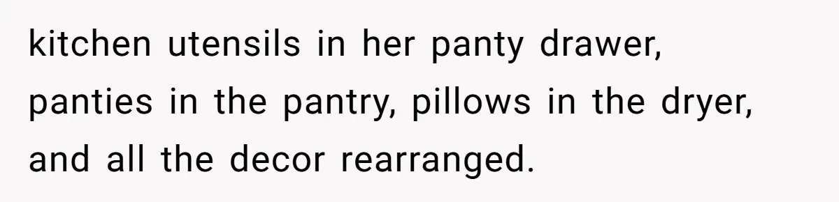 kitchen utensils in her panty drawer, panties in the pantry, pillows in the dryer, and all the decor rearranged.