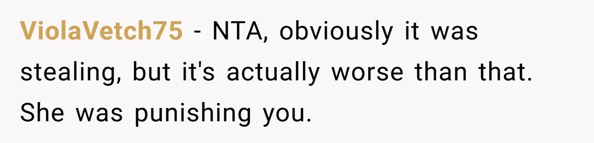 ViolaVetch75 − NTA, obviously it was stealing, but it's actually worse than that. She was punishing you.