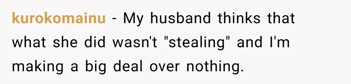 kurokomainu − My husband thinks that what she did wasn't "stealing" and I'm making a big deal over nothing.