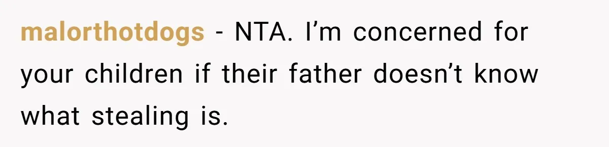 malorthotdogs − NTA. I’m concerned for your children if their father doesn’t know what stealing is.