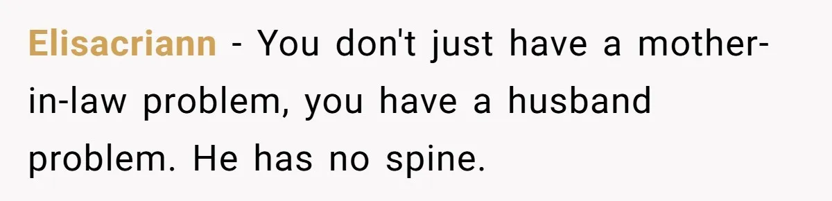 Elisacriann − You don't just have a mother-in-law problem, you have a husband problem. He has no spine.