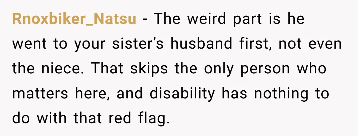 Rnoxbiker_Natsu − The weird part is he went to your sister’s husband first, not even the niece. That skips the only person who matters here, and disability has nothing to...