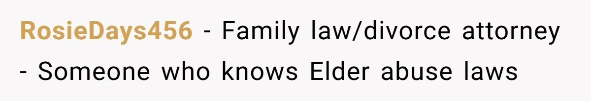 RosieDays456 − Family law/divorce attorney - Someone who knows Elder abuse laws