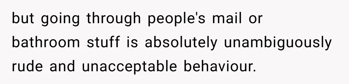 but going through people's mail or bathroom stuff is absolutely unambiguously rude and unacceptable behaviour.