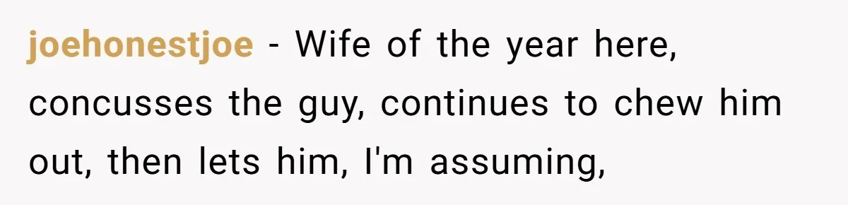 joehonestjoe − Wife of the year here, concusses the guy, continues to chew him out, then lets him, I'm assuming,