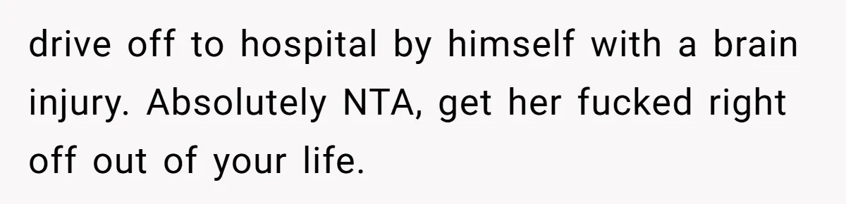 drive off to hospital by himself with a brain injury. Absolutely NTA, get her fucked right off out of your life.