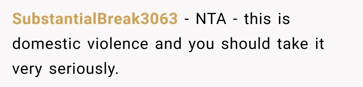 SubstantialBreak3063 − NTA - this is domestic violence and you should take it very seriously.