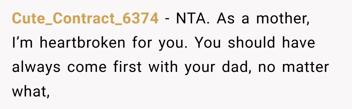 Cute_Contract_6374 − NTA. As a mother, I’m heartbroken for you. You should have always come first with your dad, no matter what,