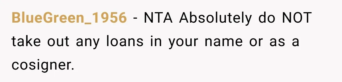 BlueGreen_1956 − NTA Absolutely do NOT take out any loans in your name or as a cosigner.