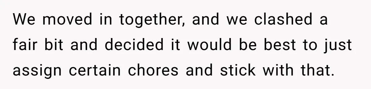 We moved in together, and we clashed a fair bit and decided it would be best to just assign certain chores and stick with that.