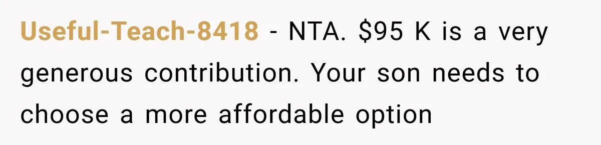 Useful-Teach-8418 − NTA. $95 K is a very generous contribution. Your son needs to choose a more affordable option