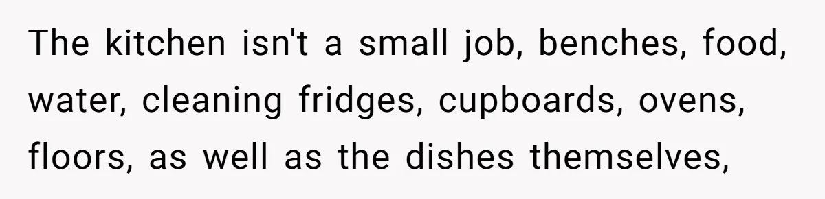 The kitchen isn't a small job, benches, food, water, cleaning fridges, cupboards, ovens, floors, as well as the dishes themselves,