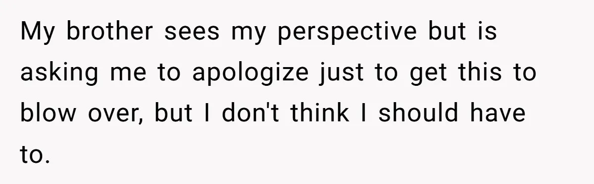 My brother sees my perspective but is asking me to apologize just to get this to blow over, but I don't think I should have to.