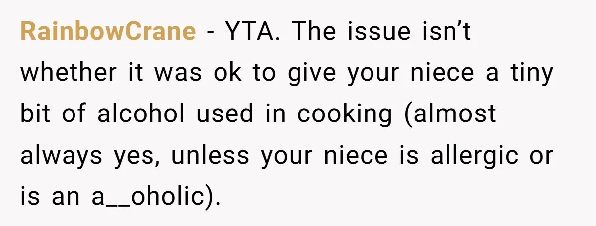RainbowCrane − YTA. The issue isn’t whether it was ok to give your niece a tiny bit of alcohol used in cooking (almost always yes, unless your niece is allergic...