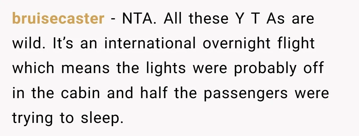 bruisecaster − NTA. All these Y T As are wild. It’s an international overnight flight which means the lights were probably off in the cabin and half the passengers were...