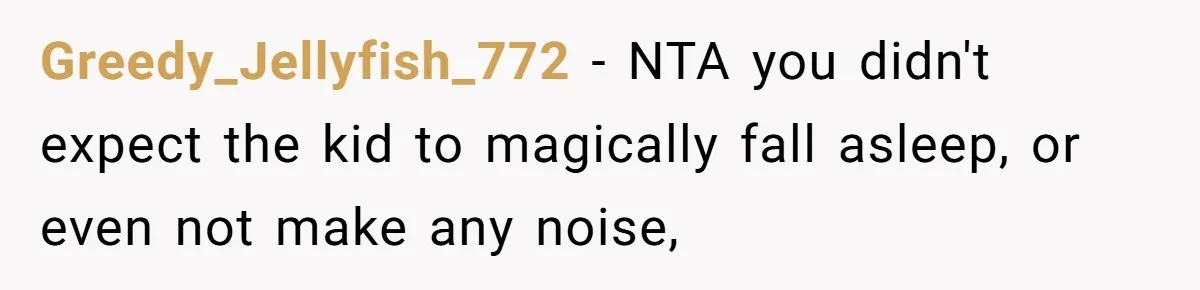 Greedy_Jellyfish_772 − NTA you didn't expect the kid to magically fall asleep, or even not make any noise,