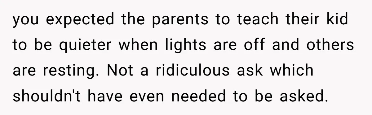 you expected the parents to teach their kid to be quieter when lights are off and others are resting. Not a ridiculous ask which shouldn't have even needed to be...