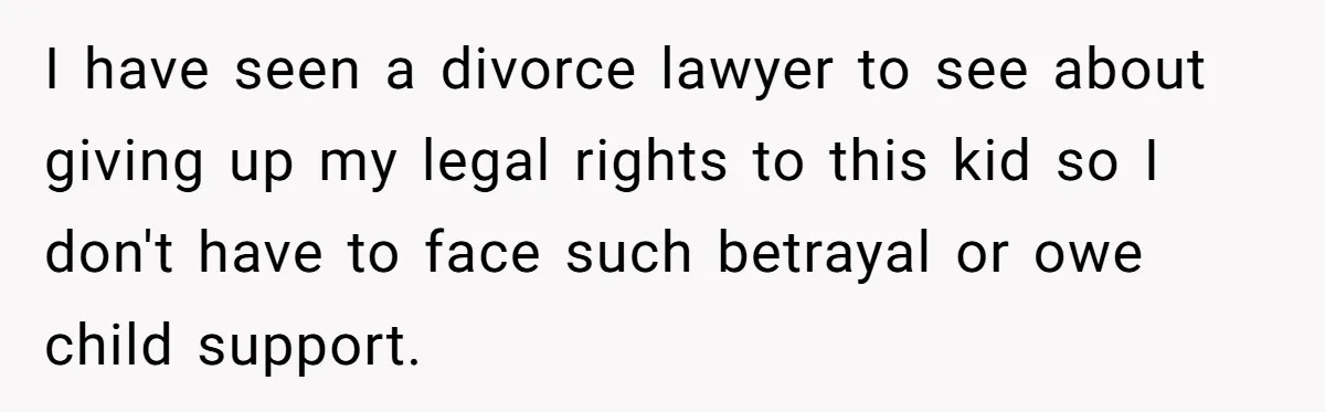 I have seen a divorce lawyer to see about giving up my legal rights to this kid so I don't have to face such betrayal or owe child support.