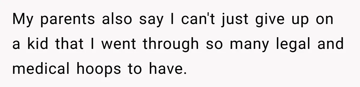 My parents also say I can't just give up on a kid that I went through so many legal and medical hoops to have.