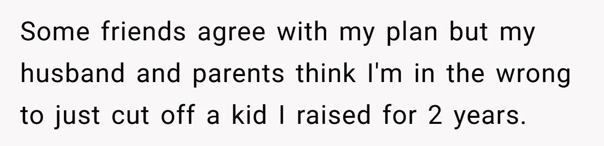Some friends agree with my plan but my husband and parents think I'm in the wrong to just cut off a kid I raised for 2 years.