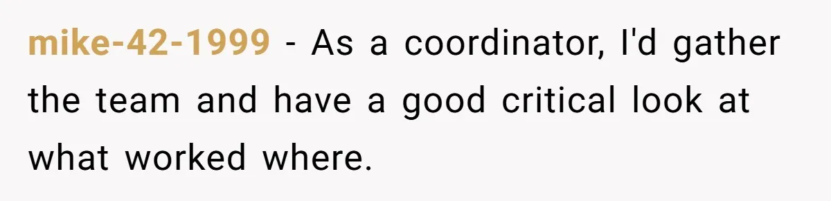 mike-42-1999 − As a coordinator, I'd gather the team and have a good critical look at what worked where.