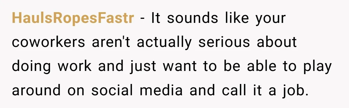 HaulsRopesFastr − It sounds like your coworkers aren't actually serious about doing work and just want to be able to play around on social media and call it a job.