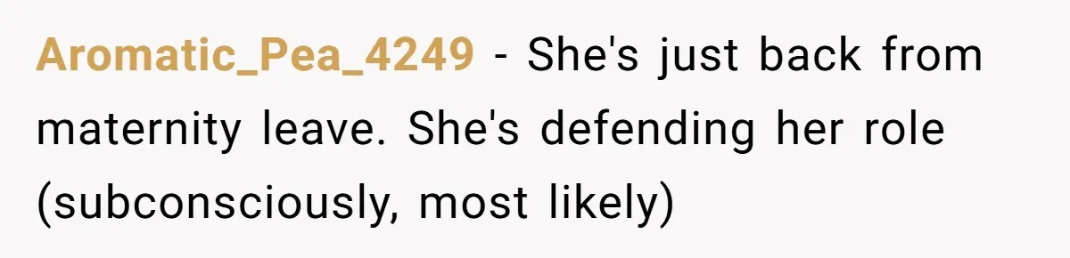 Aromatic_Pea_4249 − She's just back from maternity leave. She's defending her role (subconsciously, most likely)