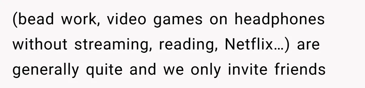 (bead work, video games on headphones without streaming, reading, Netflix…) are generally quite and we only invite friends