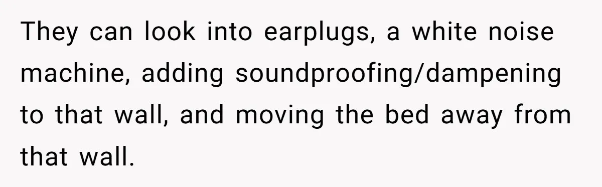 They can look into earplugs, a white noise machine, adding soundproofing/dampening to that wall, and moving the bed away from that wall.