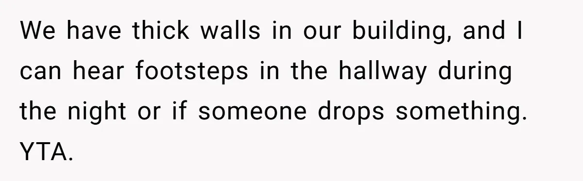 We have thick walls in our building, and I can hear footsteps in the hallway during the night or if someone drops something. YTA.