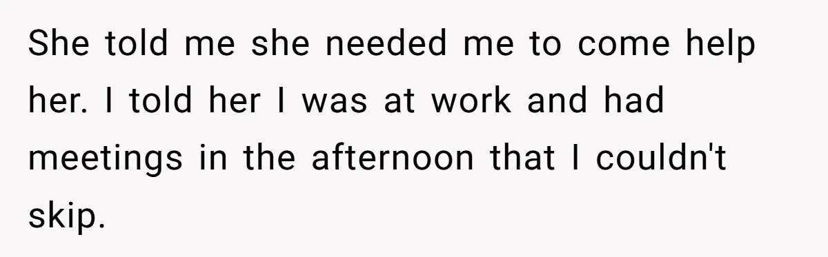 She told me she needed me to come help her. I told her I was at work and had meetings in the afternoon that I couldn't skip.