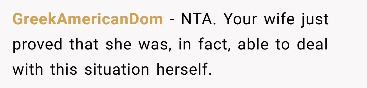 GreekAmericanDom − NTA. Your wife just proved that she was, in fact, able to deal with this situation herself.