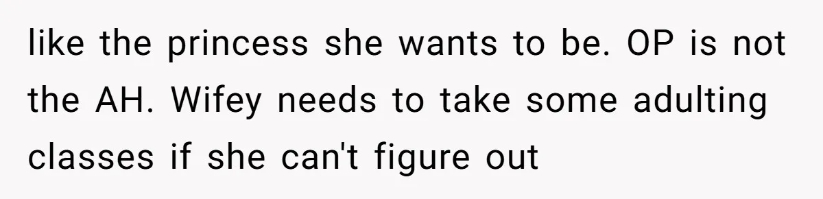 like the princess she wants to be. OP is not the AH. Wifey needs to take some adulting classes if she can't figure out