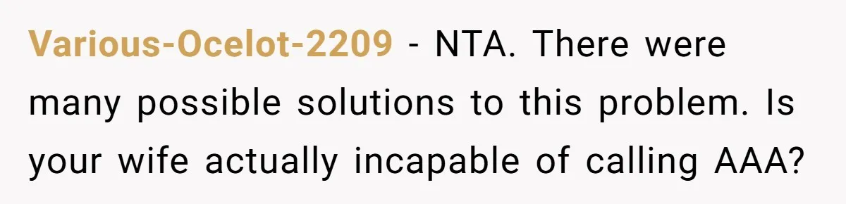 Various-Ocelot-2209 − NTA. There were many possible solutions to this problem. Is your wife actually incapable of calling AAA?