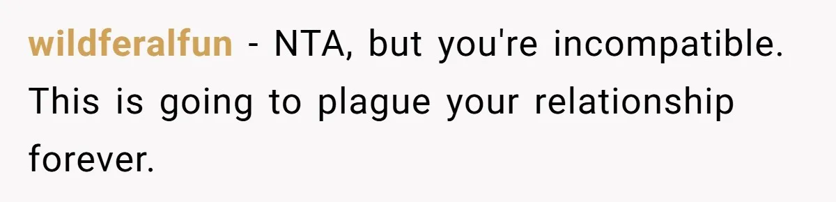 wildferalfun − NTA, but you're incompatible. This is going to plague your relationship forever.