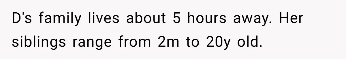 D's family lives about 5 hours away. Her siblings range from 2m to 20y old.