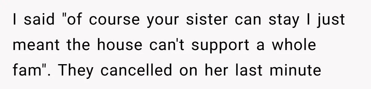 I said "of course your sister can stay I just meant the house can't support a whole fam". They cancelled on her last minute