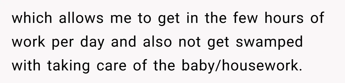 which allows me to get in the few hours of work per day and also not get swamped with taking care of the baby/housework.