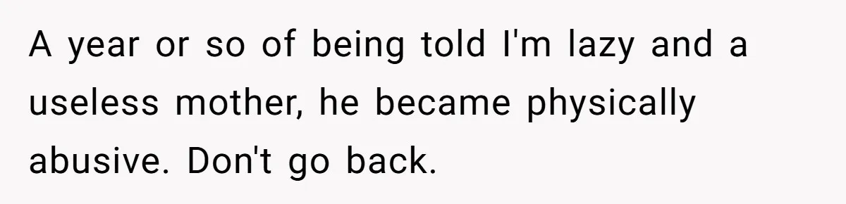 A year or so of being told I'm lazy and a useless mother, he became physically abusive. Don't go back.