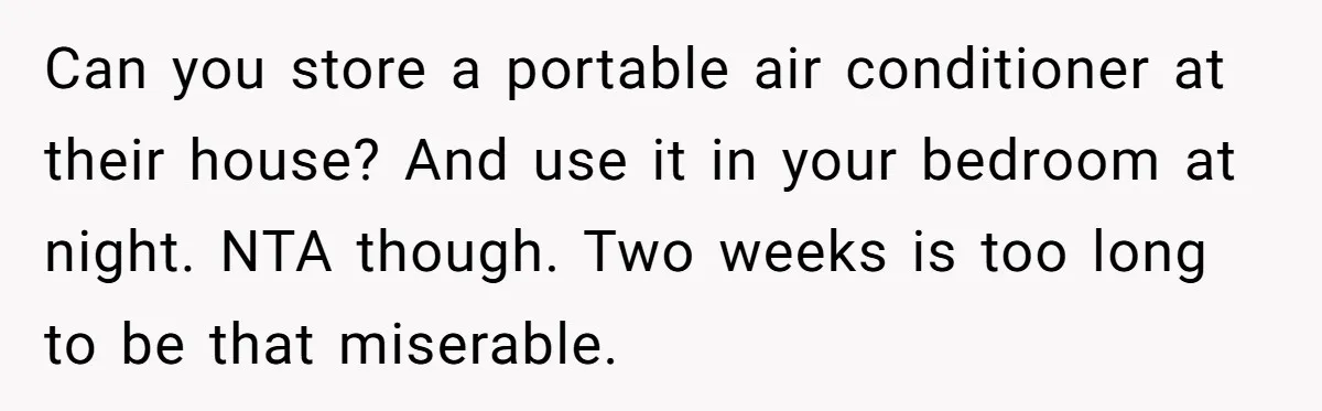 Can you store a portable air conditioner at their house? And use it in your bedroom at night. NTA though. Two weeks is too long to be that miserable.