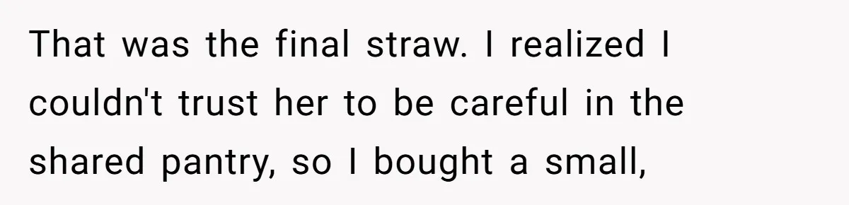 That was the final straw. I realized I couldn't trust her to be careful in the shared pantry, so I bought a small,