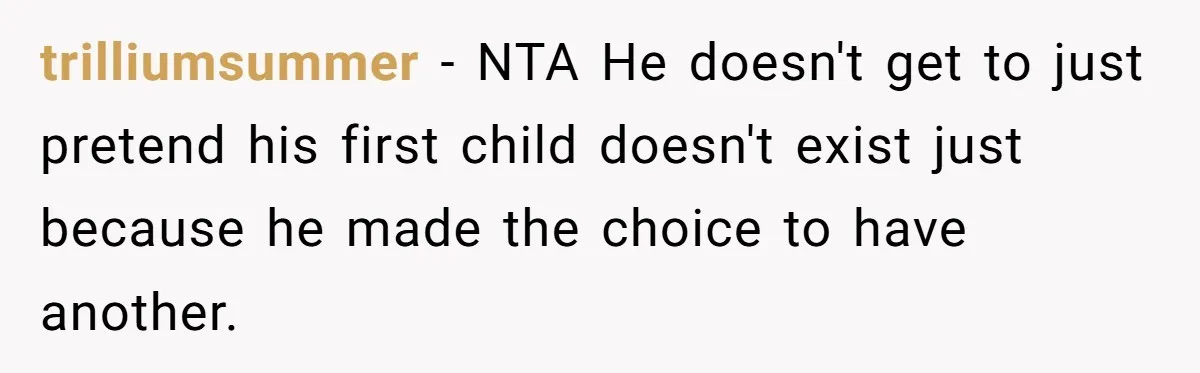 trilliumsummer − NTA He doesn't get to just pretend his first child doesn't exist just because he made the choice to have another.