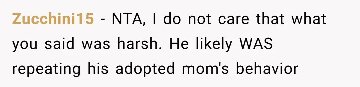 Zucchini15 − NTA, I do not care that what you said was harsh. He likely WAS repeating his adopted mom's behavior