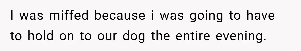 I was miffed because i was going to have to hold on to our dog the entire evening.