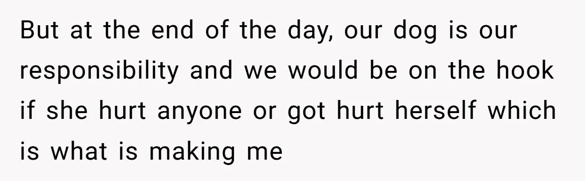But at the end of the day, our dog is our responsibility and we would be on the hook if she hurt anyone or got hurt herself which is what...