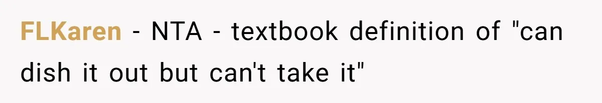 FLKaren − NTA - textbook definition of "can dish it out but can't take it"