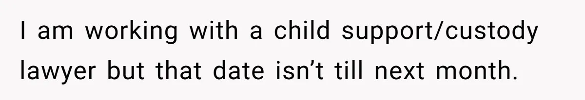I am working with a child support/custody lawyer but that date isn’t till next month.
